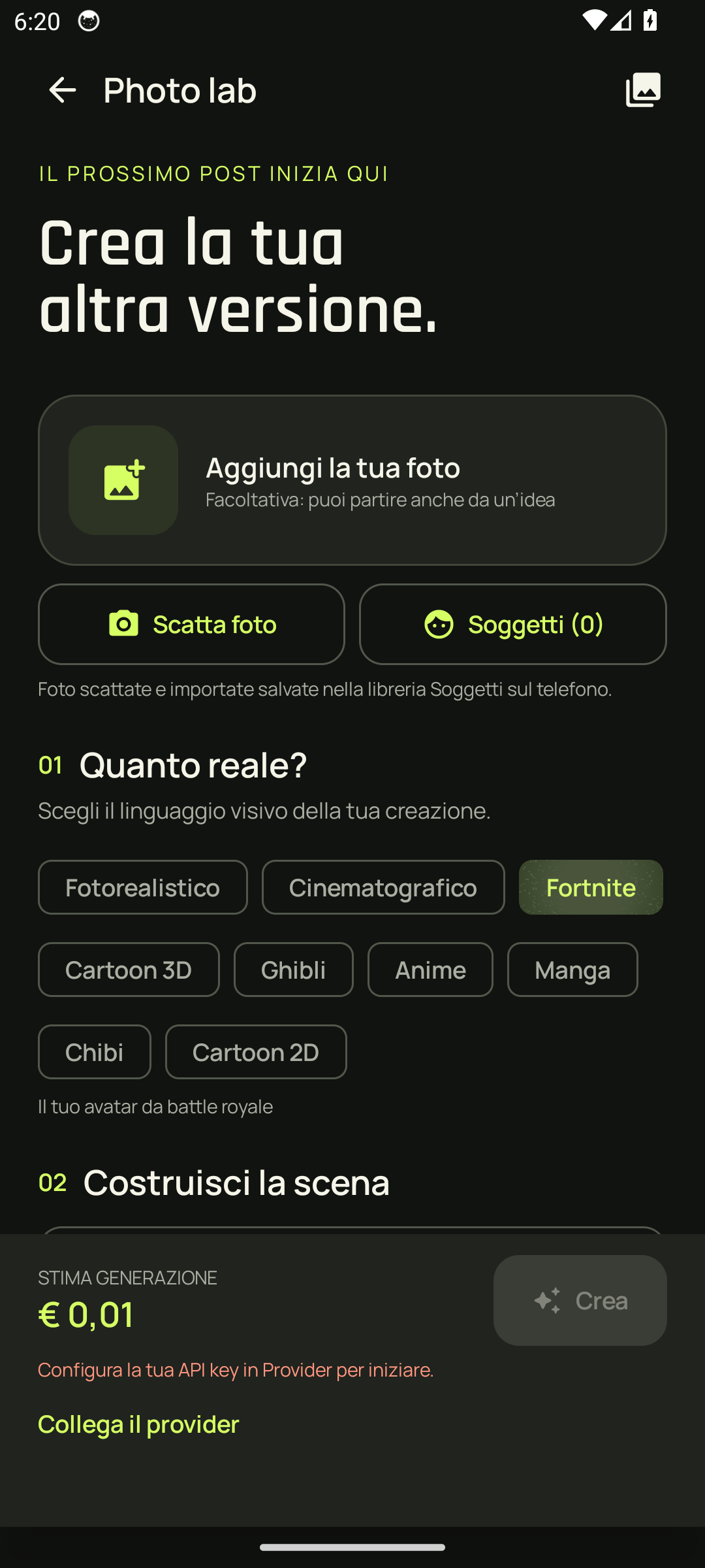Schermata reale di VidMeUp: scelta dello stile Fortnite per una foto